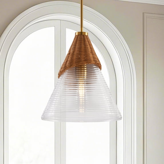 14" Modern Rattan Glass 1-Light Pendant Light Adjustable Hanging Chandelier for Kitchen Island, Dining Room