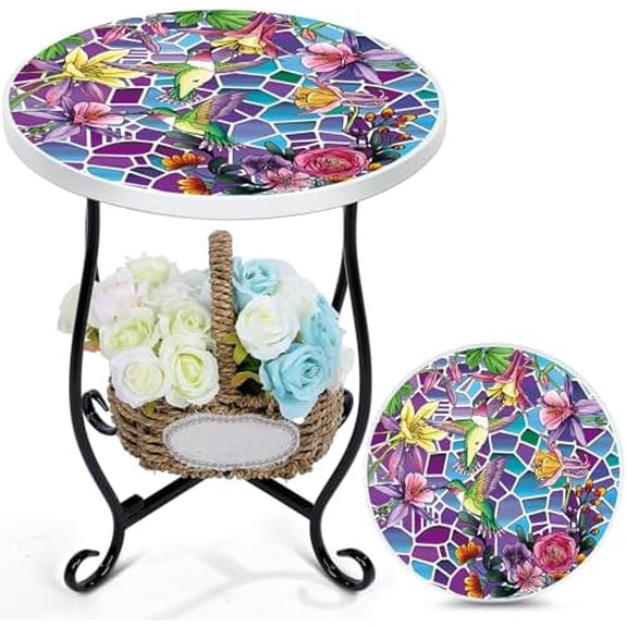 14" Mosaic Side Table Outdoor Small Patio Side Round Table with Hummingbird Mosaic Accent 2 Tier Metal End Plant Stand Coffee Tea Desk for Yard Porch Garden Patio Living Room Bedroom Balcony