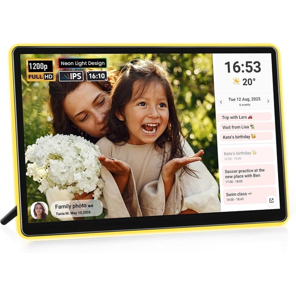 14" Neon Light Digital Picture Frame, Desk Digital Calendar, Auto-synced Schedule via Frameo App - FHD Touchscreen | AI Color-Changing LED | Share Photo/Video Instantly | for Parents