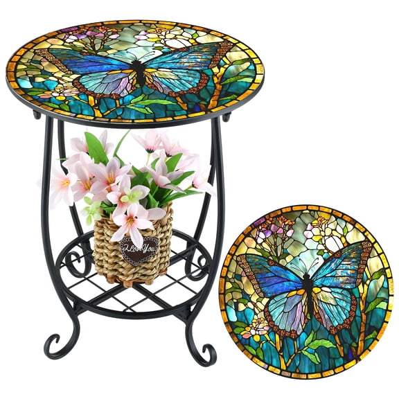 14 Outdoor Side Table Round Small Mosaic Patio Accent Indoor End Plant Metal Coffee Tea Table For Yard Porch Garden Patio Living Room, Bedroom(Butterfly Style, 14)
