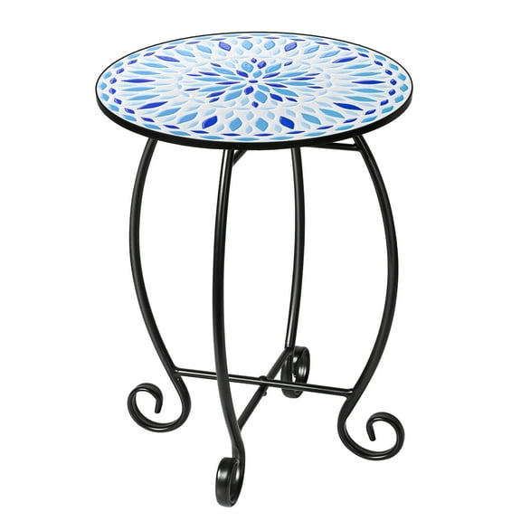 14" Outdoor Side Table, Scrollwork Accent Round End Table, Unique Relief Ceramic Tile Tabletop with Metal Frame, Coffee Tea Table Nightstand for Living Room, Bedroom