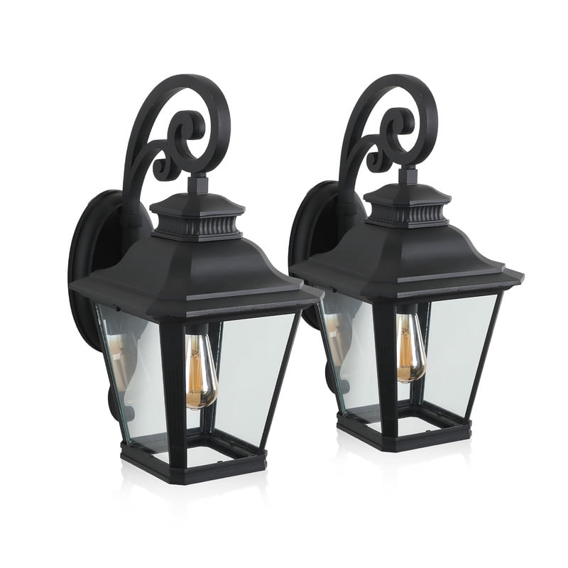 14" Outdoor Wall Lanterns 2-Pack, Vintage Black Exterior Light Fixtures with Clear Glass, Waterproof Wall Sconces for Porch, Patio, Garden, or Doorway (E26 Bulbs Not Included)