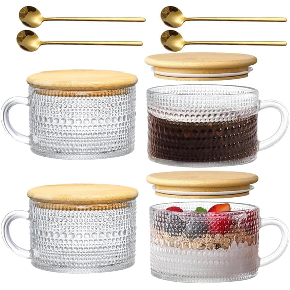14 Oz Coffee Mugs Glassware Set of 4 Clear Embossed Cups With and Spoons, Hobnail Glass Coffee Mugs Gifts for Women, Overnight Oats