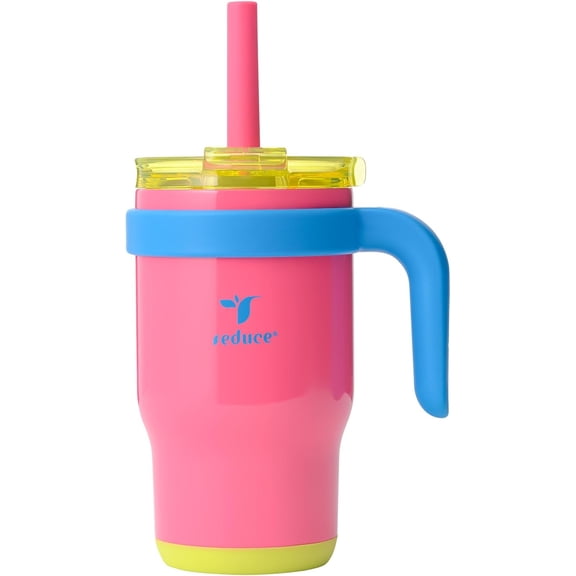 14 Oz Coldee Kids Tumbler with Lid and Straw - Coldee Insulated Travel Mug - Spill-Proof, Sweatproof Stainless Steel, BPA-Free - Includes Handle, Reusable Silicone Straw - Taffy Pink