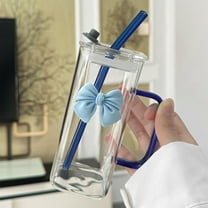 14 Oz Glass Tumbler with Handle, Lid, Glass Straw and Detachable Butterfly Charm, for Iced Drinks and Beverages at Home or Office(Blue)