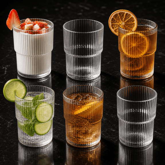 14 Oz Ripple Drinking Glass Set of 6, Fluted Glassware for Iced Coffee and
