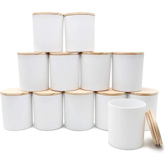14 Oz Thick Glass Candle Jar with Wood Lid Matte White 12-Pack