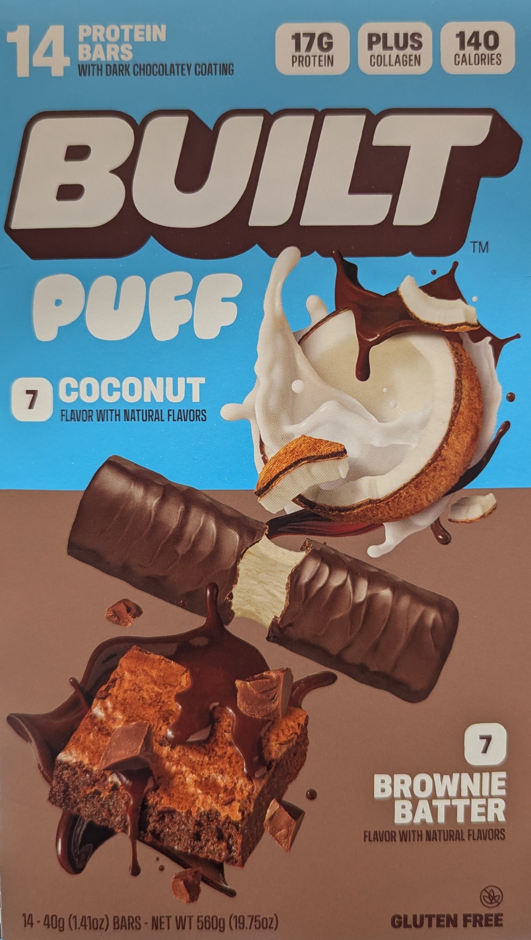 BUILT Bar, Puff Protein Bars, Brownie Batter and Coconut Puff, Dark Chocolate Coating, 17g Protein, Collagen, Gluten Free, 14 Count Variety Pack