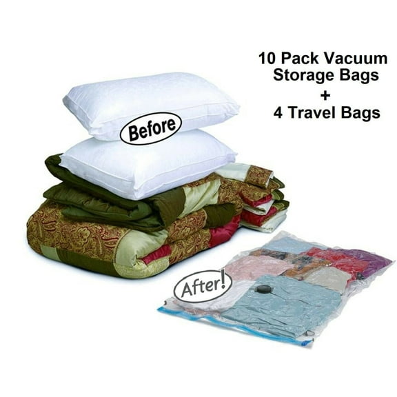 14 PACK Combo: 10 Extra Large Space Saver Storage Vacuum Seal Organizer Bag + 4 Travel Roll Up Bags