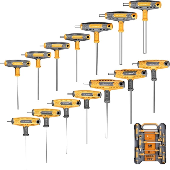 14 PC T-handle Allen Wrench Set Metric and Standard with T Handle Hex Key and Long Hex Driver Set |Christmas Gift|Wall-Mounted Storage Box, Clear Marking, Two-Tip Design, and Chamfered Tips