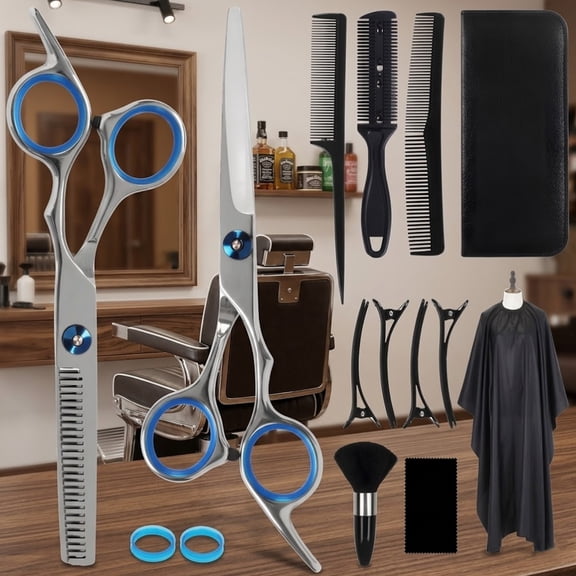 14 PCS 6.5 Inch Hair Cutting Scissors Set with Razor, Hair Thinning Scissors and Leather Case, Professional Barber Hairdressing Shears Kit for Salon and Home Hair Styling Silvery