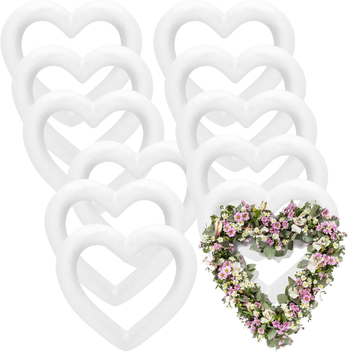 14 PCS 6 Inch Foam Wreath Heart, White Styrofoam Heart Wreath, Heart Shaped Wreath Foam Ring for Crafts, DIY Projects, Wedding, Valentine's Day, Floral Arranging Decoration