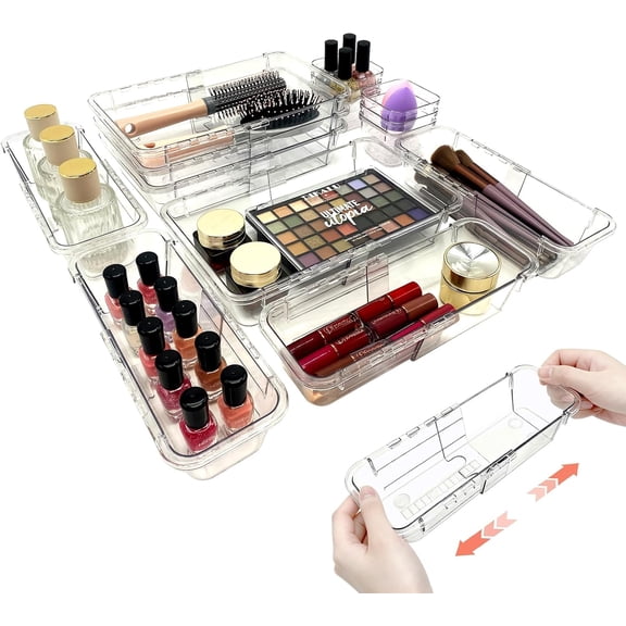 14 PCS Adjustable Clear Drawer Organizer Set - 3-Size Acrylic Storage Boxes for Makeup, Stationery, Kitchen Utensils, Tools & Bedroom Dresser Organization