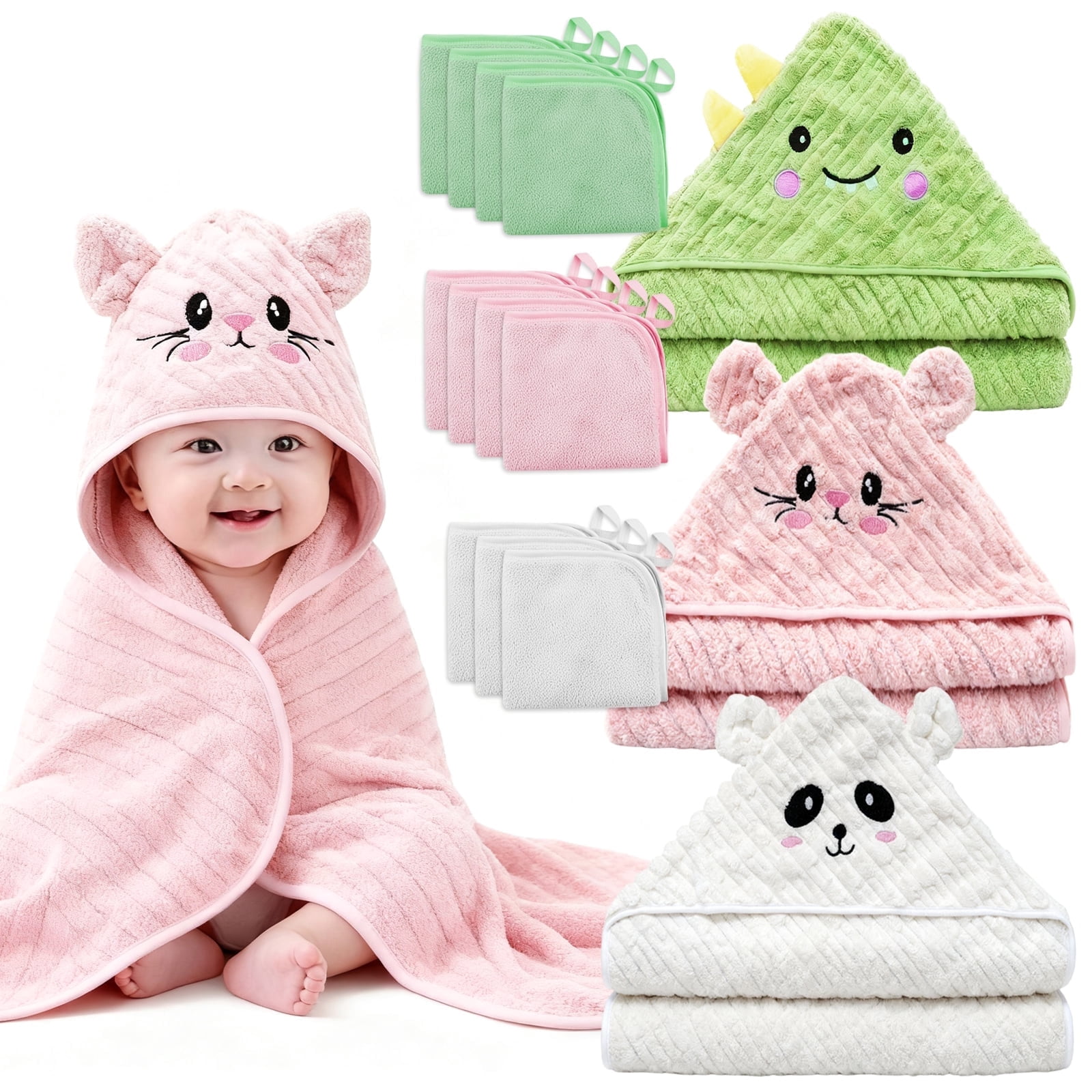 14 PCS Baby Bath Towels Set, 3 PCS Soft Hooded Baby Towels & 11 PCS Washcloths, Bath Towels for Newborns, Infants & Toddlers, Ultra Absorbent, Cute Baby Towel Gift for Girls