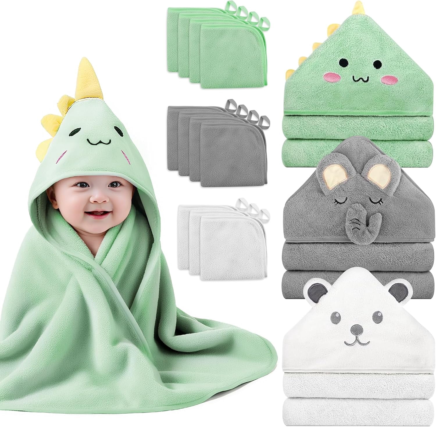 14 PCS Baby Towels, 3 PCS Soft Hooded Baby Towels & 11 PCS Washcloths, Baby Bath Towels for Newborns, Infants & Toddlers- Ultra Absorbent, Cute Baby Towel Gift for Boys