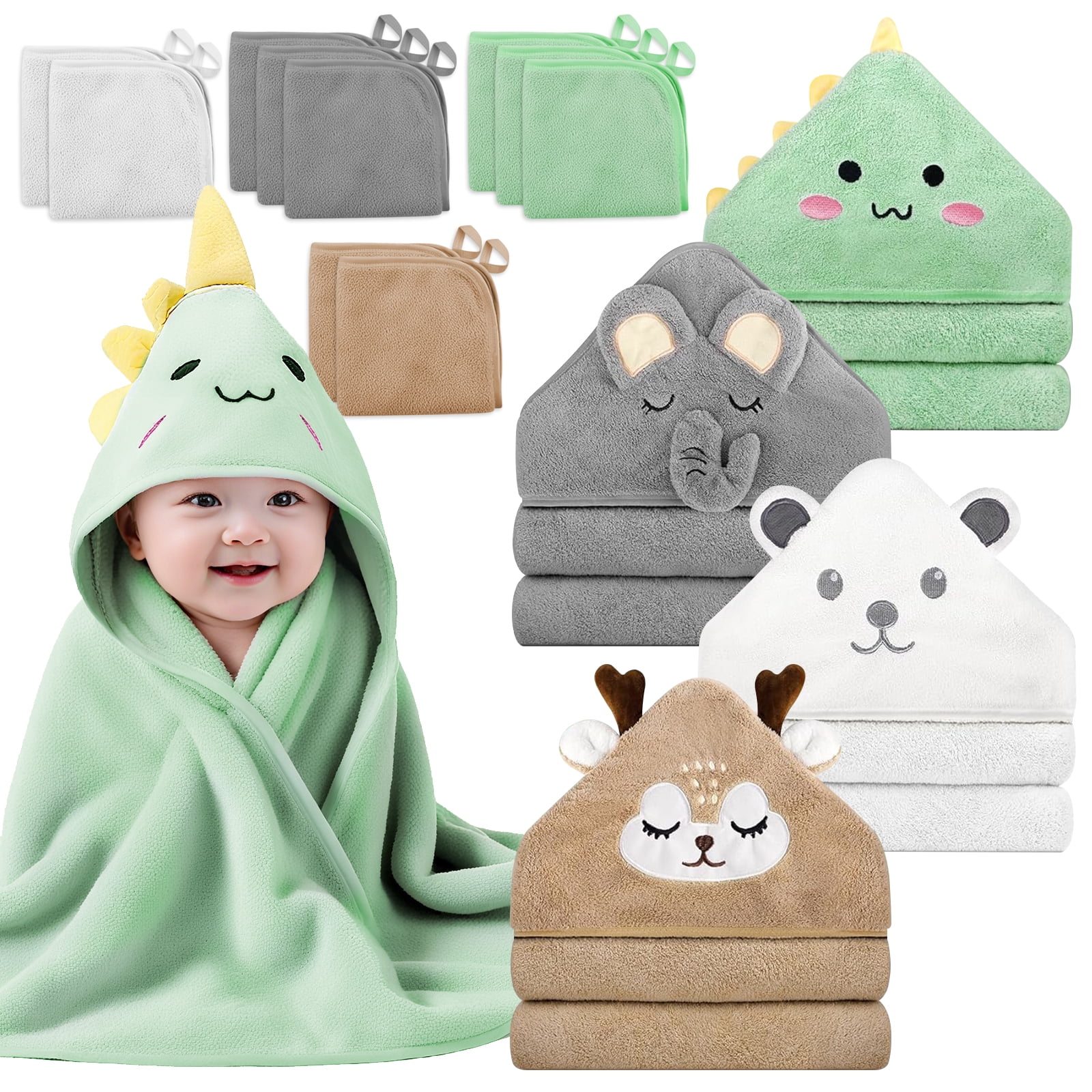 14 PCS Baby Towels, 4 PCS Soft Hooded Baby Towels & 10 PCS Washcloths, Baby Bath Towels for Newborns, Infants & Toddlers- Ultra Absorbent, Cute Baby Towel Gift for Boys