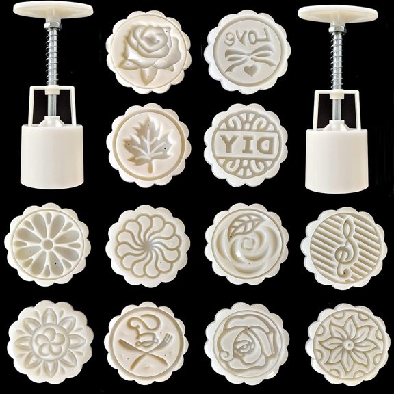 14 PCS Bath Bomb Mold Set Includes 2pcs Bath Bombs Press and 12pcs Different Pattern Stamps for Making DIY Bath Bombs Tools, Moon Cake Making for Mid-Autumn Festival Press (Style 2)