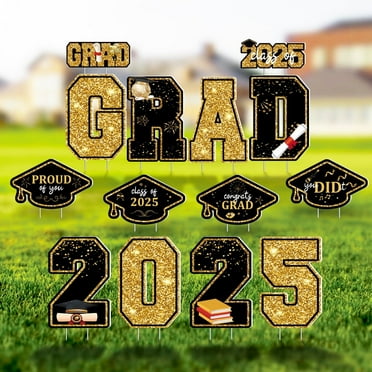 14 PCS Graduation Decorations Yard Sign, Black Gold Large Congrats Grad Lawn Stakes, Class of 2025 Yard Signs with Stakes, Graduation Party Decorations Outdoor (Gold)