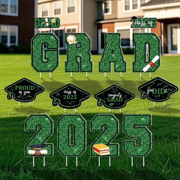 14 PCS Graduation Decorations Yard Sign, Green Large Congrats Grad Lawn Stakes, Class of 2025 Yard Signs with Stakes, Graduation Party Decorations Outdoor (Green)