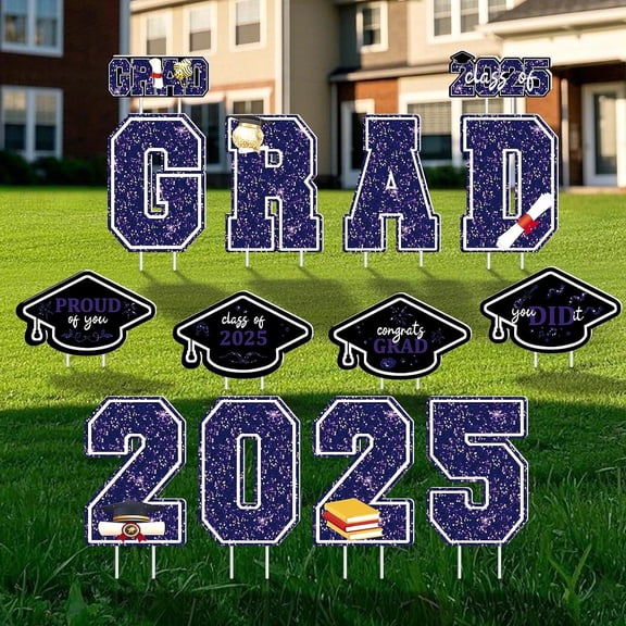 14 PCS Graduation Decorations Yard Sign, Purple Large Congrats Grad Lawn Stakes, Class of 2025 Yard Signs with Stakes, Graduation Party Decorations Outdoor (Purple)