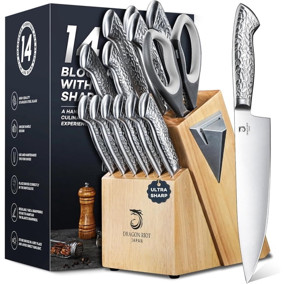 14 PCS Knife Set with Wood Block - Stainless Steel Kitchen Knife Block Set with Built in Sharpener, Dishwasher Safe, Rust Resistant, Non-Slip Ergonomic Handle - Gift for Men Women and Housewarming