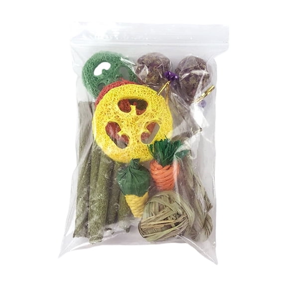 14 PCS Natural Rabbit Chew Toys for Teeth Grinding, Timothy Grass and Loofah Toy Set for Guinea Pig Hamster Chinchilla, Interactive Boredom Breaker for Bunny Cage, Healthy Pet Toys Kit