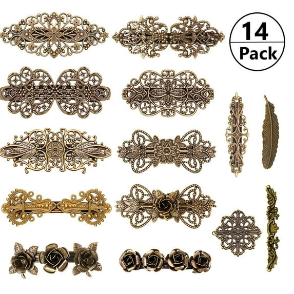 14 PCS Retro Vintage Metal French Barrette, Kalolary Vintage Bronze Hair clips, Jewelry Accessory for Hair Decoration