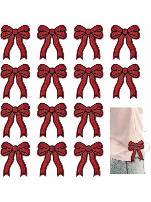 14 PCS Sweatshirt Side Patches Iron on/Sew On Red Bowknot Embroidered Applique Patches Polyester Hot Melt Tie Applique Decorative Bowknot Shape Embellishment for Clothes Decor red