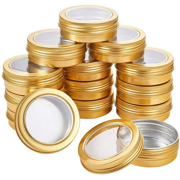 14 Pack 2 OZ Tin Cans Screw Top Round Aluminum Cans Screw Lid Containers with Clear Window - Great for Store Spices, Candies, Tea or Gift Giving (Gold)
