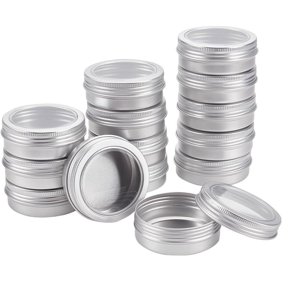 14 Pack 2 OZ Tin Cans Screw Top Round Aluminum Cans Screw Lid Containers with Clear Window - Great for Store Spices Candies Tea or Gift Giving (Platinum) Gray