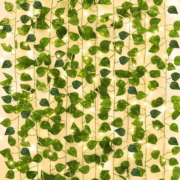 14 Pack 98ft Fake Ivy Vines, Artificial Ivy Garland with 100 LED String Lights, Hanging Plants Greenery Backdrop Green Leaves for Bedroom Room Wall Decor Wedding Party Table Decoration