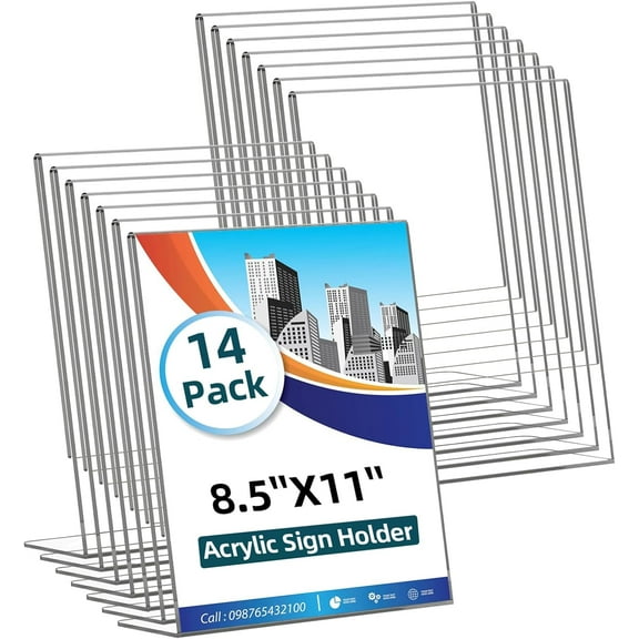 14 Pack Acrylic Sign Holder 8.5x11 Inches, Clear Tabletop Plastic Paper Display Stand, L-Shape Vertical Menu Holder Stand, Photo Picture Frame Flyer Display Stand for Restaurants, StoreOffice Desktop