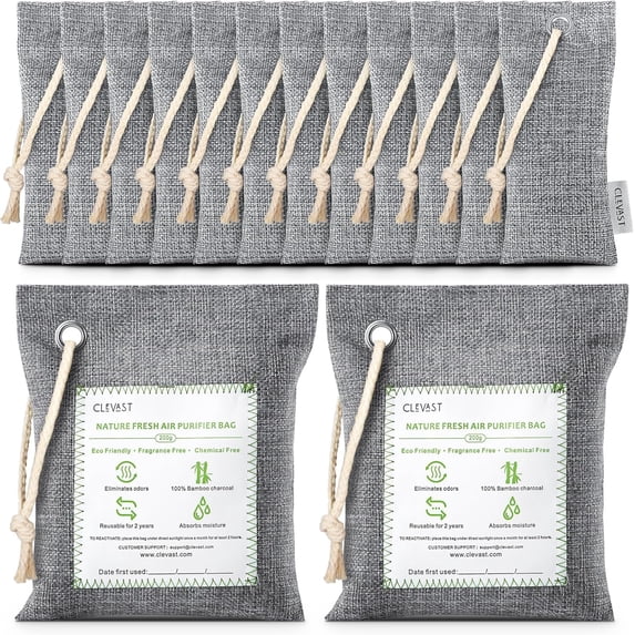 14 Pack Activated Bamboo (2x200g, 12x50g), Natural Fresh Odor Absorber, Deodorizer and Moisture Eliminator, Air Purifier Bags for Home