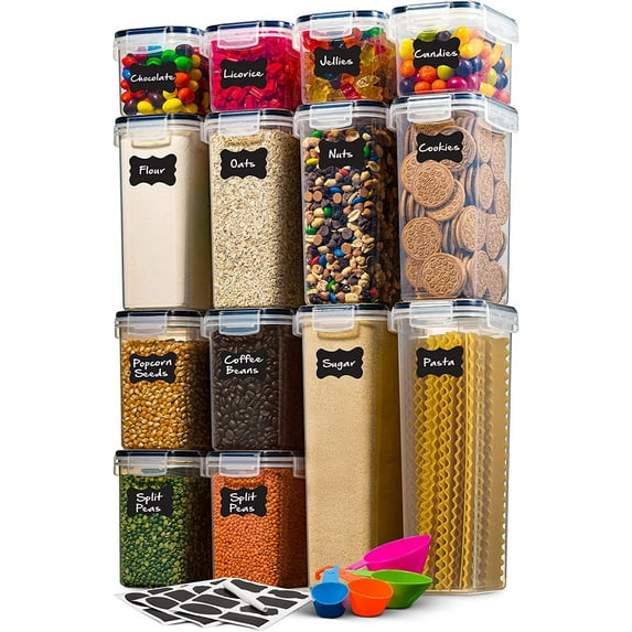 14 Pack Airtight Food Storage Container Set - BPA Free Clear Plastic Kitchen and Pantry Organization Canisters with Durable Lids for Cereal, Dry Food Flour & Sugar - Labels, Marker & Spoon Set