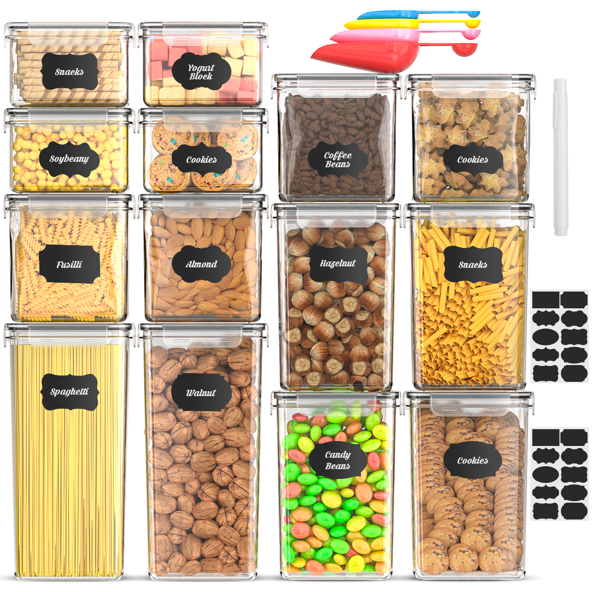 GPED 14 Pack Airtight Food Storage Containers with Lids, Plastic Kitchen and Pantry Organization Canisters for Cereal, Dry Food, Flour and Sugar, BPA Free, Free Spoon Set, Labels & Marker