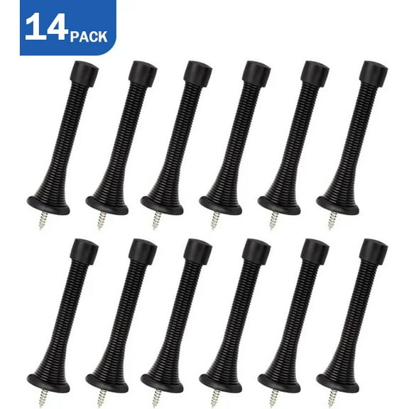 14 Pack Black Spring Door Stops,3-1/8" Heavy Duty - Flexible Door Stopper with Low Mounted Black Rubber Bumper Tips