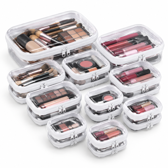 14 Pack Clear Hard Shell Zipper Cases, Assorted Sizes for Multi-Purpose Storage