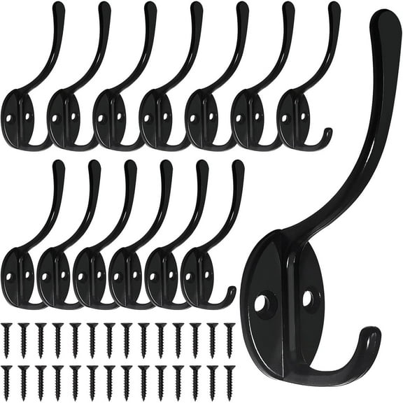 14 Pack Coat Hooks Wall Mounted with 28 Screws, Heavy Duty Black Towel Hooks Metal Double Hooks, No Rust Retro Rustic Wall Hooks for Towel, Coat, Scarf, Bag, Hat, Cup, Key