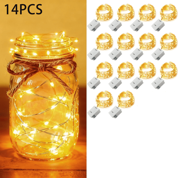 14 Pack Fairy Lights Battery Operated [3 Modes] 7ft 20 LED Mini Twinkle String Lights Waterproof Silver Wire Firefly Starry Lights for Wedding Party Mason Jars Christmas Decorations, Warm White
