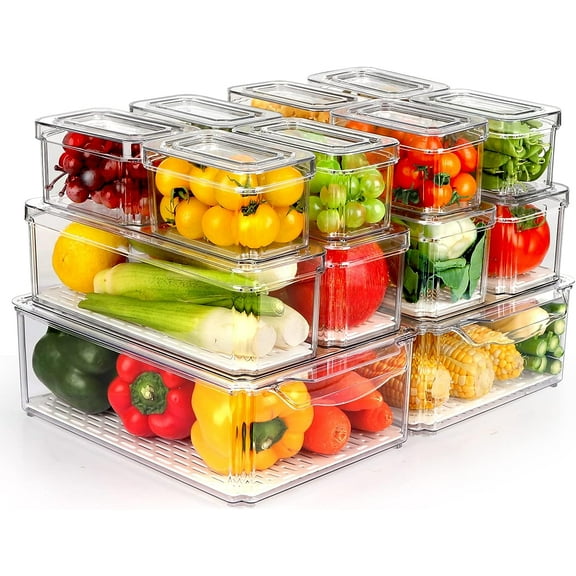 14 Pack Fridge Organizer, Stackable Refrigerator Organizer Bins with Lids, BPA-Free Fridge Organizers and Storage Containers for Fruit, Vegetable, Food, Drinks, Cereals, Clear