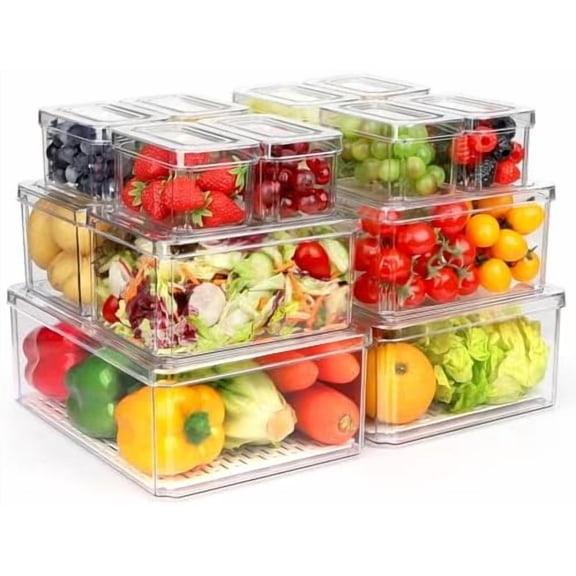14 Pack Fridge Organizer, Stackable Refrigerator Organizer Bins with Lids PBA-Free, Clear Fridge Organizers and Storage for Kitchen, Countertops, Cabinets, Fridge, Drinks, Fruits, Vegetable, Cereals