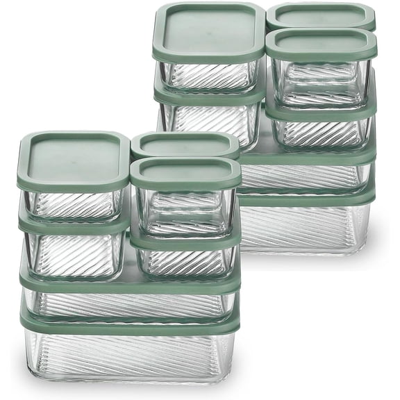 14 Pack Glass Meal Prep Containers with Grooved Base Microwave Dishwasher Freezer and Oven Safe in Sage Green