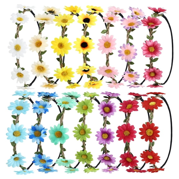 14 Pack Handmade Hawaiian Beach Bohemian Boho Adjustable Sunflower Flower Crowns Headbands Wreath Tiara Garland Wedding Party Headpieces for Women Girls Brides Bridesmaids Teens