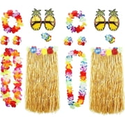 14 Pack Hula Skirt Costume Kit for Hawaii Luau Party, 2-Person Set Dancing Hula with 24in Grass Skirt, Hawaiian Lei, Hibiscus Hair Clip, Pineapple Sunglasses for Adults