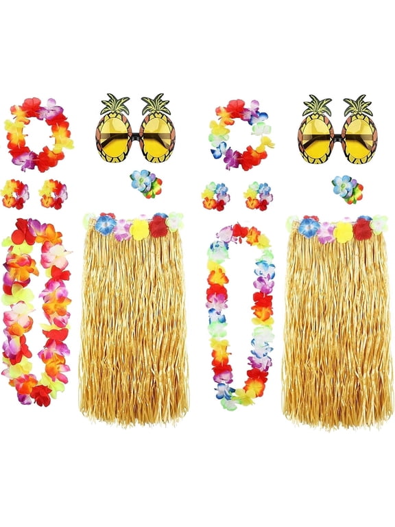 14 Pack Hula Skirt Costume Kit for Hawaii Luau Party, 2-Person Set Dancing Hula with 32in Grass Skirt, Hawaiian Lei, Hibiscus Hair Clip, Pineapple Sunglasses for Adults