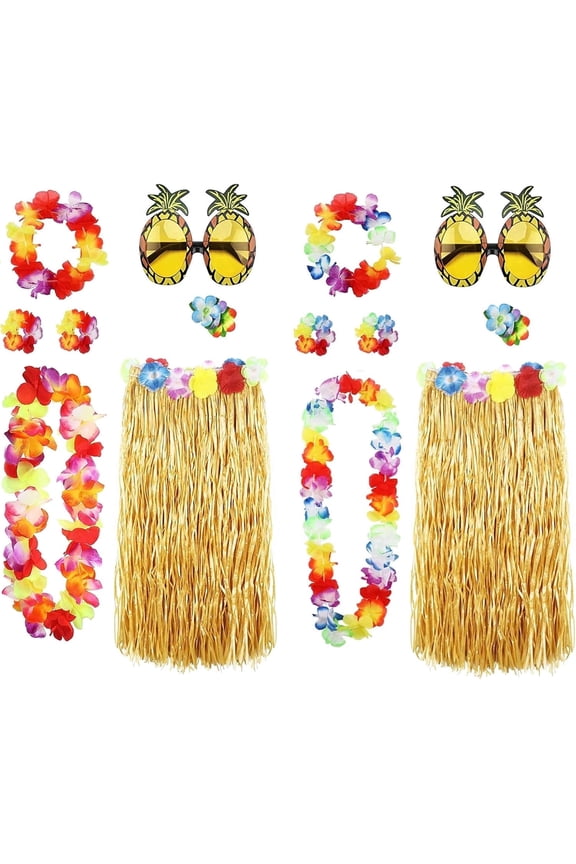 14 Pack Hula Skirt Costume Kit for Hawaii Luau Party, 2-Person Set Dancing Hula with 32in Grass Skirt, Hawaiian Lei, Hibiscus Hair Clip, Pineapple Sunglasses for Adults