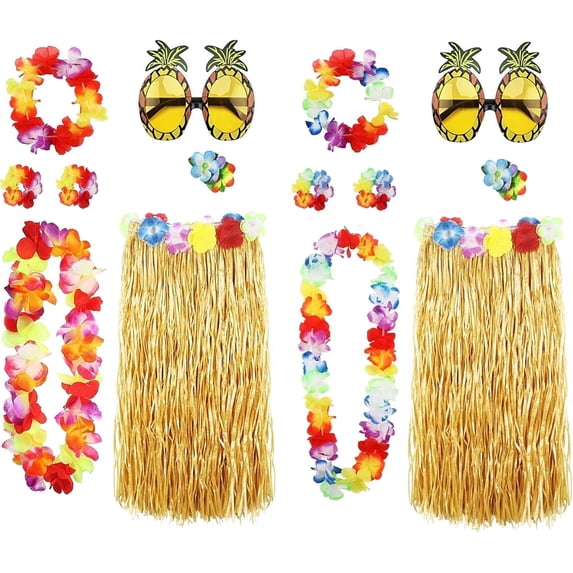 14 Pack Hula Skirt Costume Kit for Hawaii Luau Party, 2-Person Set Dancing Hula with 32in Grass Skirt, Hawaiian Lei, Hibiscus Hair Clip, Pineapple Sunglasses for Adults