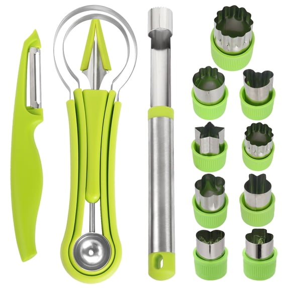 14 Pack Melon Baller Scoop Set - 4 in 1 Stainless Steel Fruit Tool Set Fruit Scooper Seed Remover with Fruit Vegetable Cutter Shapes Set Fruit Peeler for Fruit Slicer Dig Pulp Separator