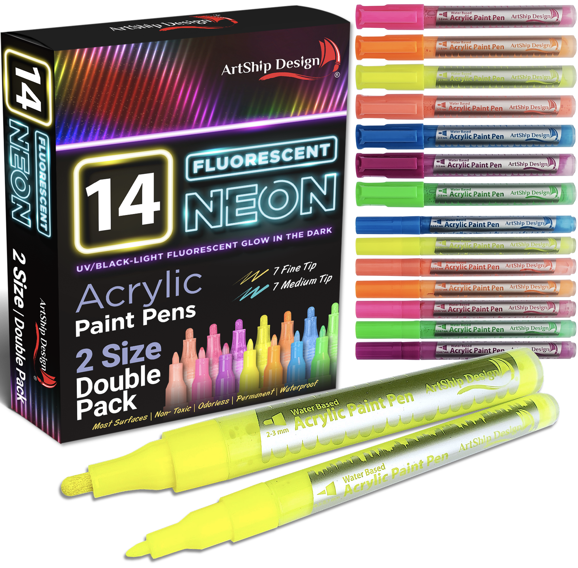 14 Pack Neon Fluorescent Acrylic Paint Pens, Double Pack of Both Extra Fine  and Medium Tip Paint Markers, for Rock Painting, Mug, Ceramic, Glass, and  More, Water Based Non-Toxic and No Odor 