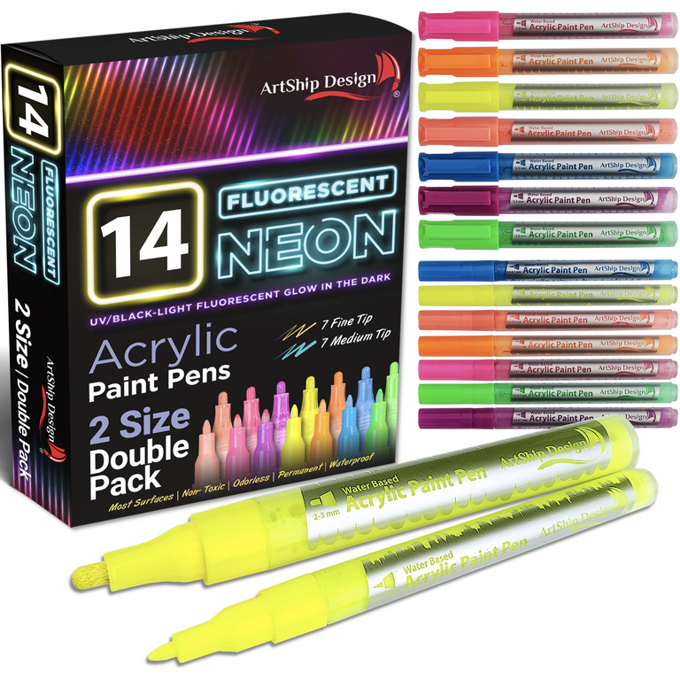 14 Pack Neon Fluorescent Acrylic Paint Pens, Double Pack of Both Extra Fine  and Medium Tip Paint Markers, for Rock Painting, Mug, Ceramic, Glass, and
